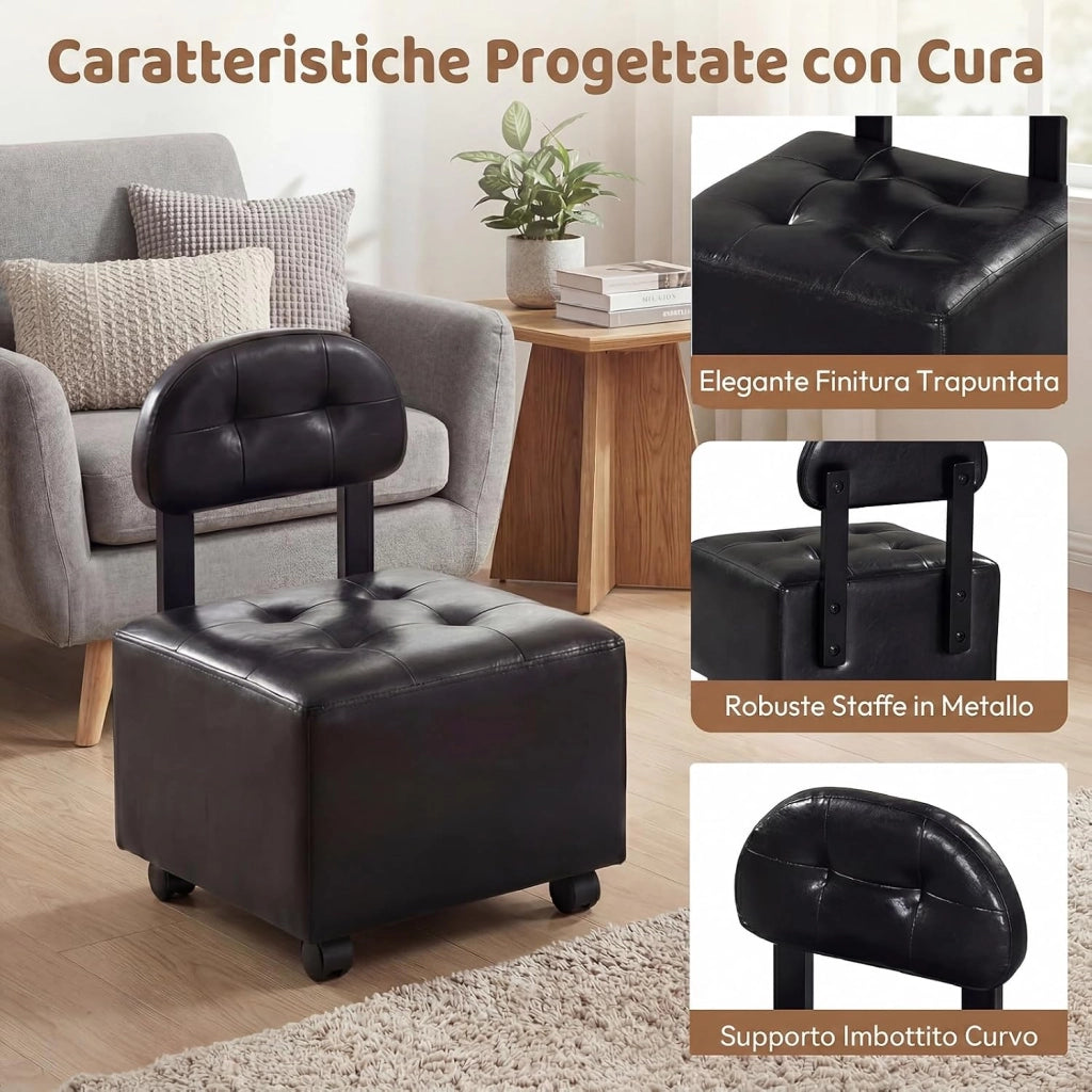 Set 2 Sedie da Salotto con Schienale Trapuntato, 40 X 40 X 55 CM, Seduta Imbottita e 4 Ruote con Freno, Portata 150 KG, Sgabelli Impilabili in Finta Pelle per Soggiorno e Studio (Nero)