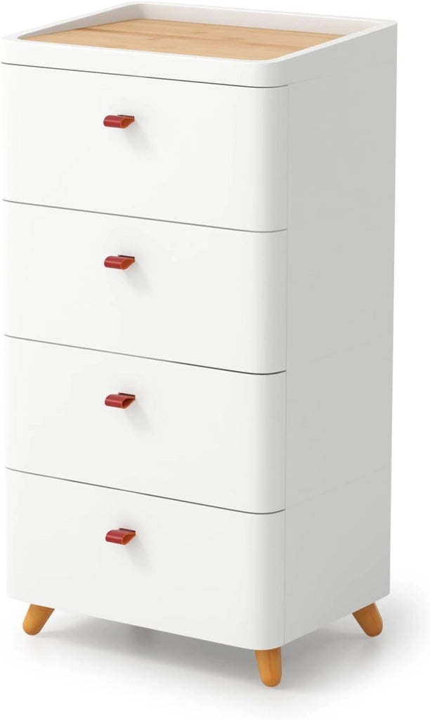 Cassettiera con 4 cassetti, cassettiera con vassoio portaoggetti rimovibile e gambe in legno, piccolo armadietto multiuso, bianco, 42 x 32 x 81 cm