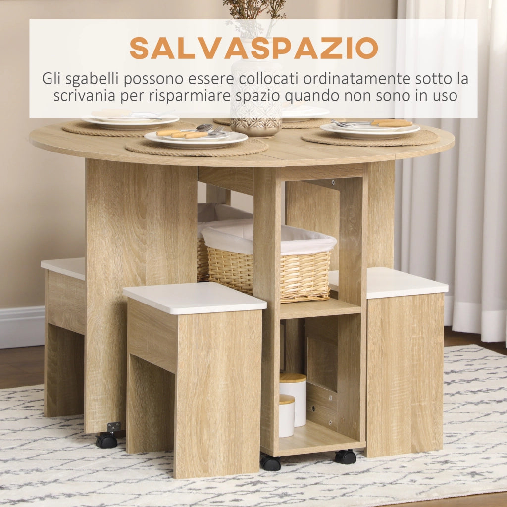 Set Tavolo e Sedie 5 Pezzi in Truciolato, Tavolo Rotondo con 2 Ripiani Aperti e 4 Sgabelli Moderni