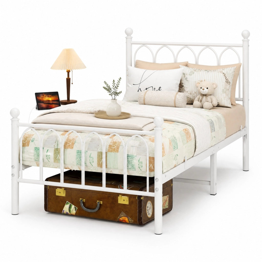 Letto singolo in metallo 90x200 cm con testiera alta, LED, USB e presa integrata, bianco