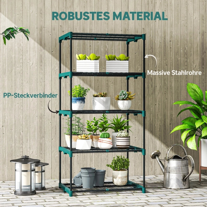Scaffale a 5 livelli per piante in plastica con struttura in acciaio per balconi e interni verde scuro