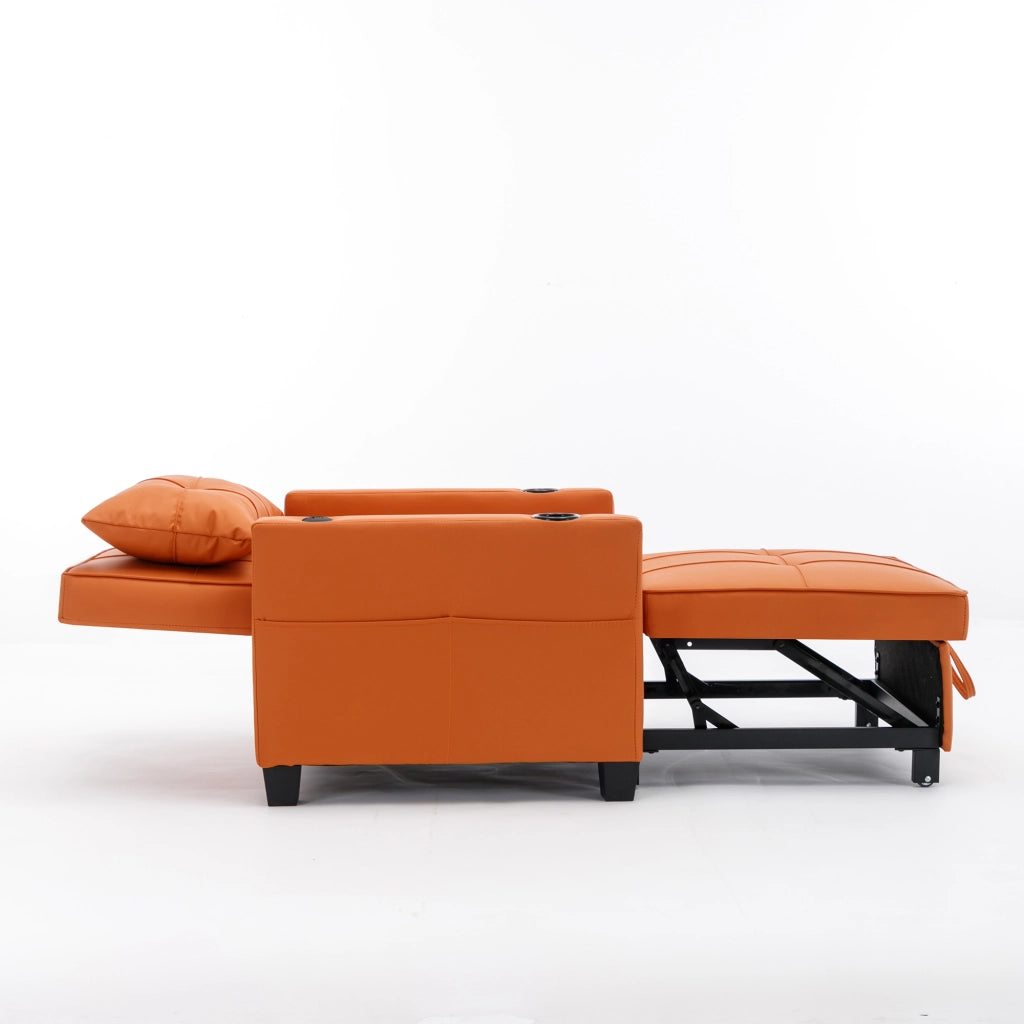 Poltrona letto 3 in 1 estraibile con schienale regolabile porta bevande e tasca in pu arancione 74 × 87 × 84 cm