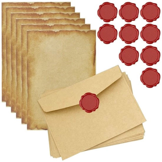 Set di Carte da Lettera Vintage - 20 Fogli di Scrittura - 10 Buste - 10 Etichette Adesive - Carta da Gioco - Ideale per Regali