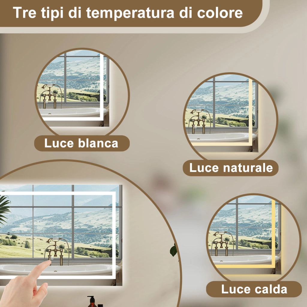 AICA Specchio Da Bagno Rettangolare Da 120x80cm con LED, Antiappannamento, 3 Temperature Colore