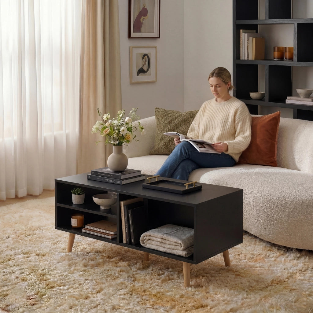 Tavolino da Salotto Nand con 2 Cassetti e 3 Scomparti Aperti 100 x 50 x 45 cm - Nero [en.casa]