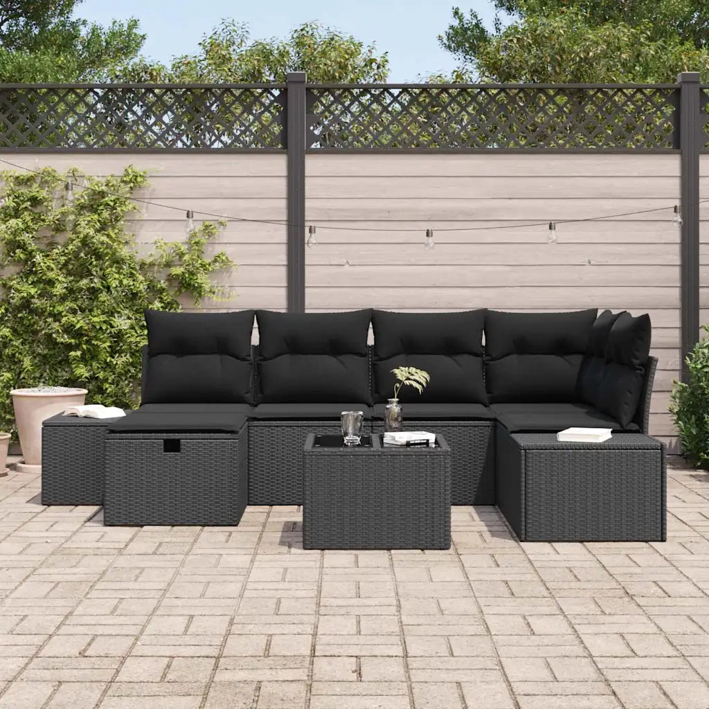 Set Divano da Giardino con cuscino 7 pcs Nero polyrattan