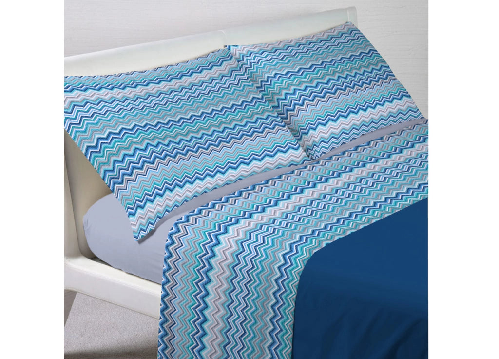 Completo Lenzuola Letto In 100% Cotone Rigato Zig Zag Disegno Baia - Maxi - Azzurro