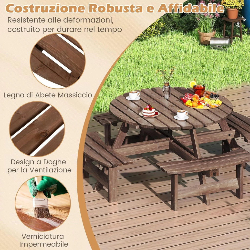 Set Tavolo da Giardino con 4 Panche Integrate, Legno Massiccio, con Foro Ombrellone, per 4-8 Persone, Tavolo Rotondo da Picnic per Esterno, Ogni Panca Porta 250 kg (Marrone, 179 x 179 x 70 cm)