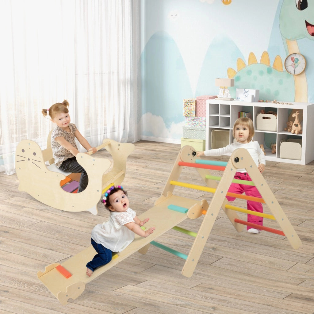 Set di arrampicate 3-in-1 per bambini, Arrampicatore pieghevole in legno con scivolo reversibile dondolo Colorato-Arrampicate e scivoli
