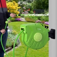 Avvolgitubo Murale con Avvolgimento Automatico a 180°, Tubo 20 + 2 m con Pistola per l'Irrigazione, Supporto Muro Integrato, Verde