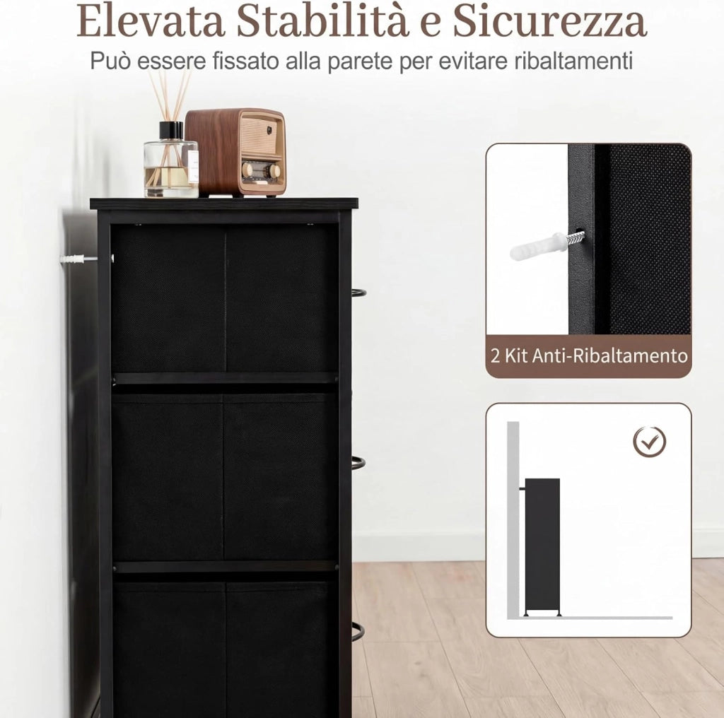 Cassettiera in Tessuto, Comò Salvaspazio a 14 Cassetti di 3 Dimensioni, Struttura in Metallo, Marrone Vintage e Nero, per Camera da Letto, Ingresso e Soggiorno (85 x 30 x 120 cm)