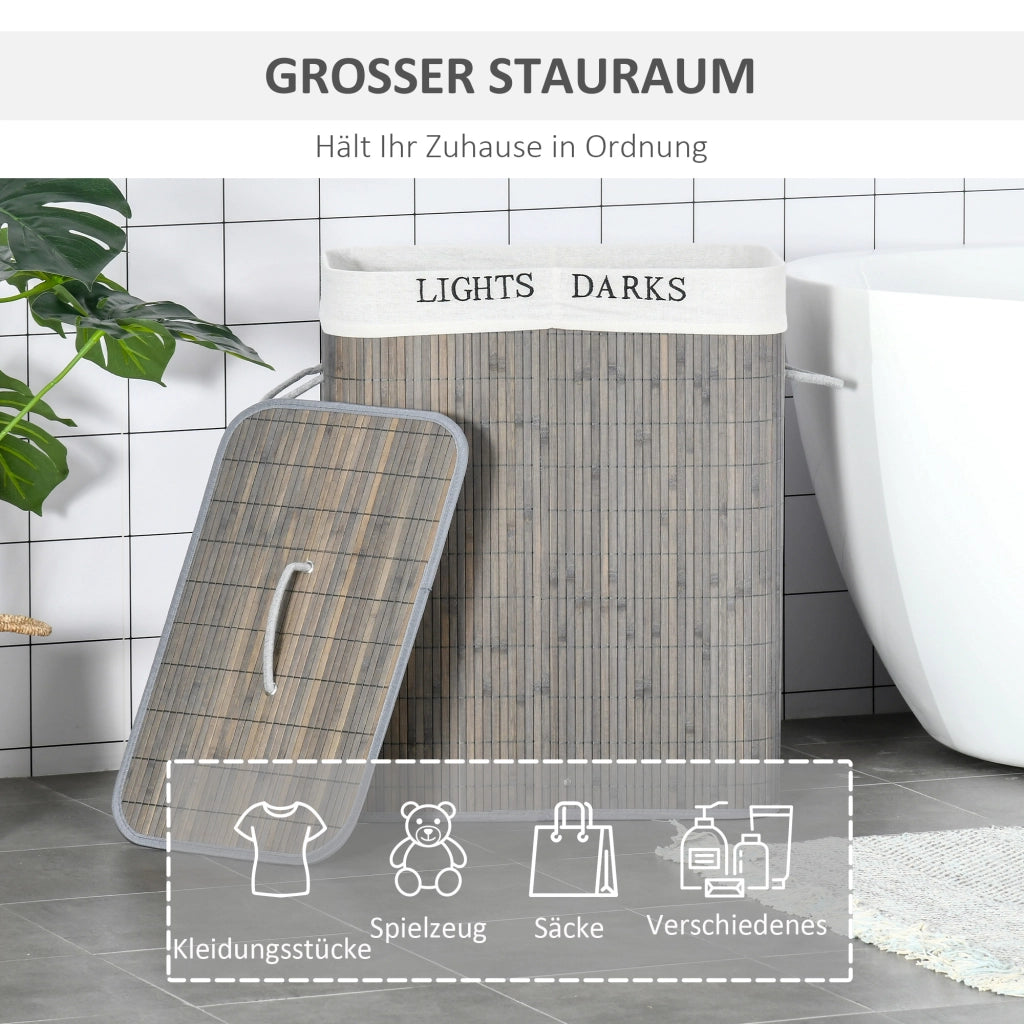 CONTENITORE PORTABIANCHERIA 100 L con 2 scomparti bambù grigio