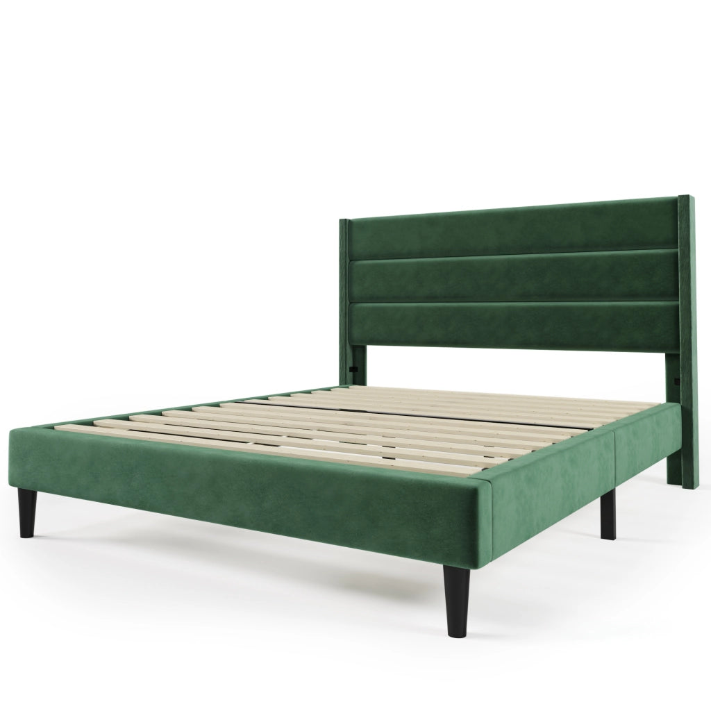 Letto imbottito 140x200 cm in velluto verde scuro con rete a doghe e testiera