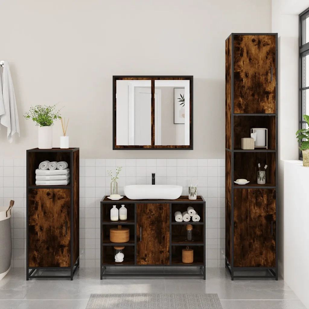 Set Mobili da Bagno 3 pz Rovere Fumo in Legno Multistrato