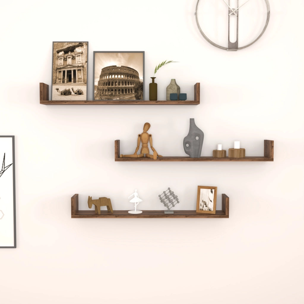 Set 'Höganäs' 3 Mensole da Muro - Consolli Pensili con Piano d'Appoggio a Forma di U - Largo 90 cm - Effetto Rovere Antico [en.casa]