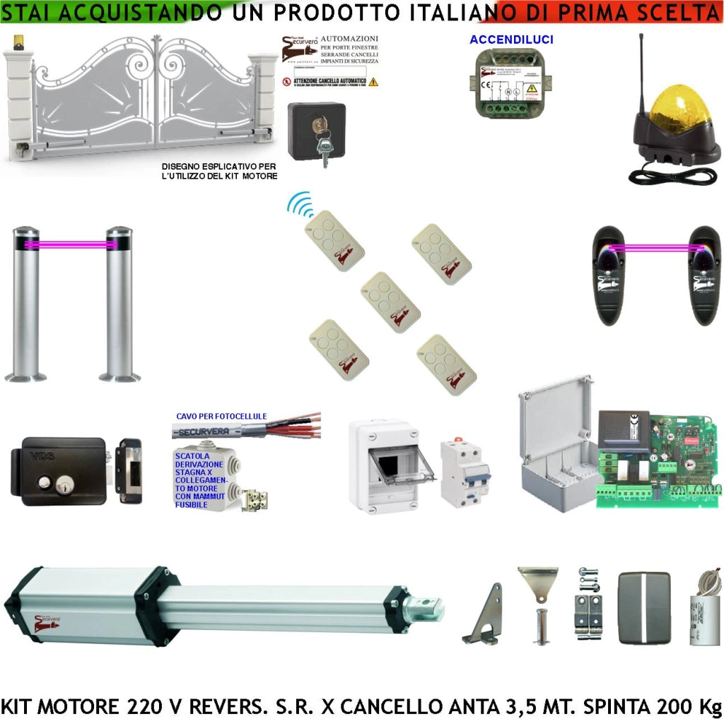 Automazione Cancello da 3,5 Metri Motore Elettromeccanico 230 V Reversibile Spinta 250 Kg Centrale 5 Radiocomandi Fotocellule 2 Pali FaroAntenna Serratura Selettore Scatola Fuse Accendiluci Cavo