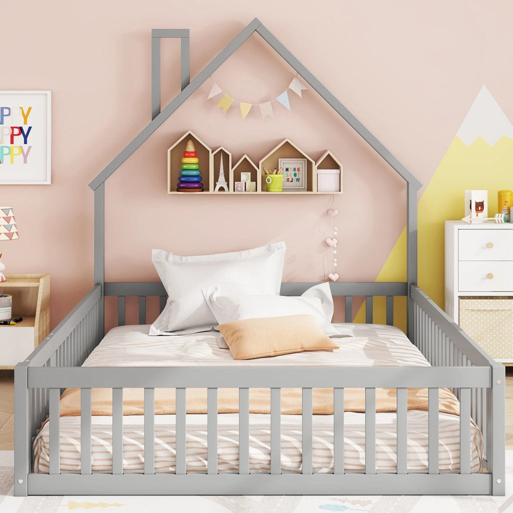 OKWISH Letto a Cabina 140×200 cm, Letto Matrimoniale con Spondine di Sicurezza e Design a Camino, senza Materasso, in Pino, Grigio