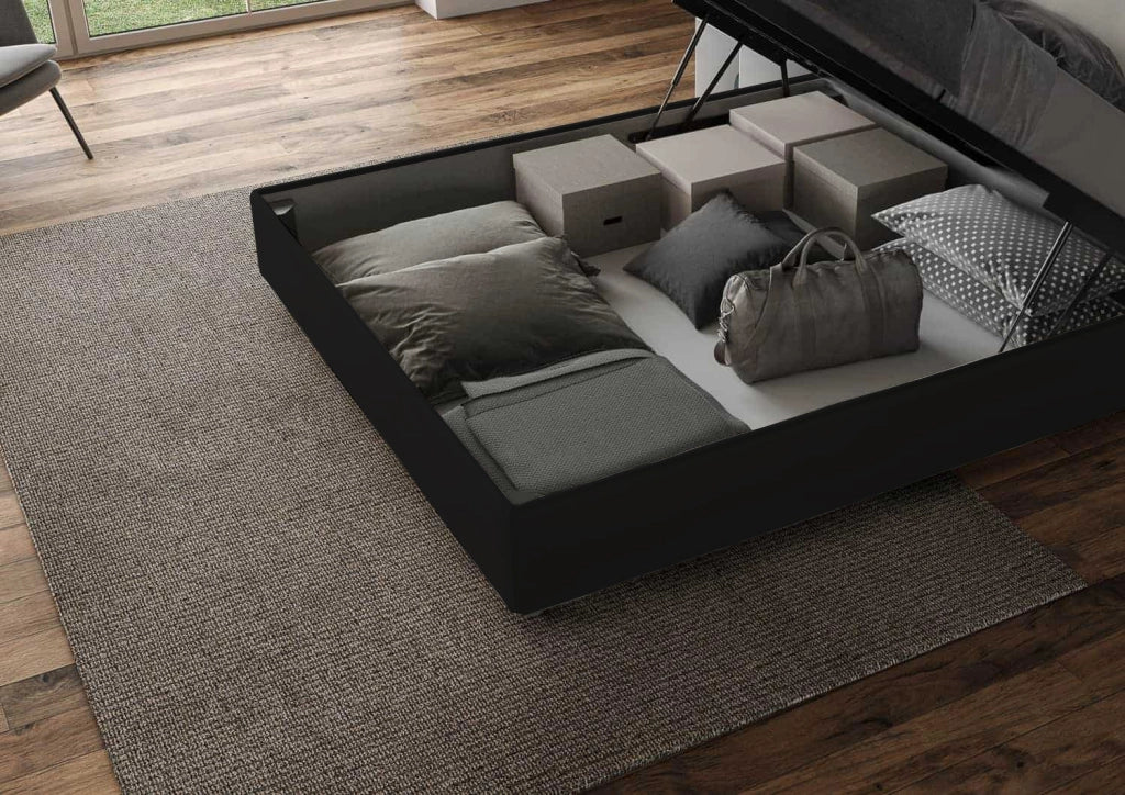 Letto Matrimoniale 160x200 cm con Rete e Contenitore Senza Testata Imbottito in Similpelle Azelia Nero