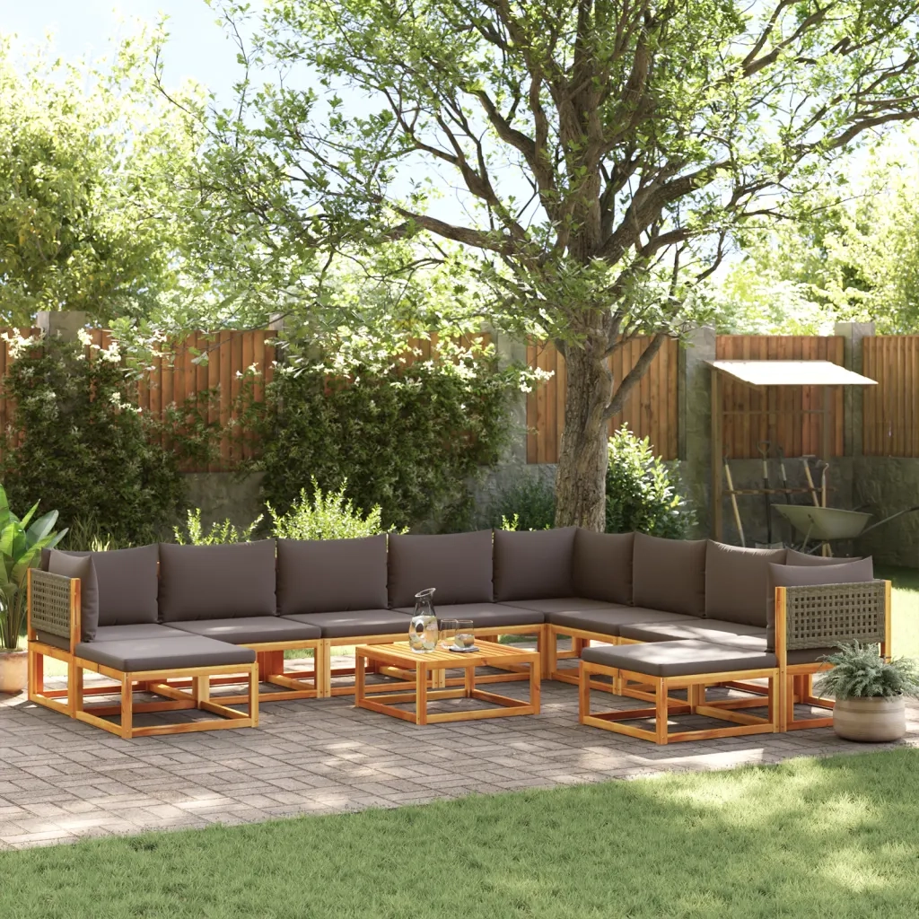 Set di divani da giardino 11 pz con cuscini in legno di acacia e rattan