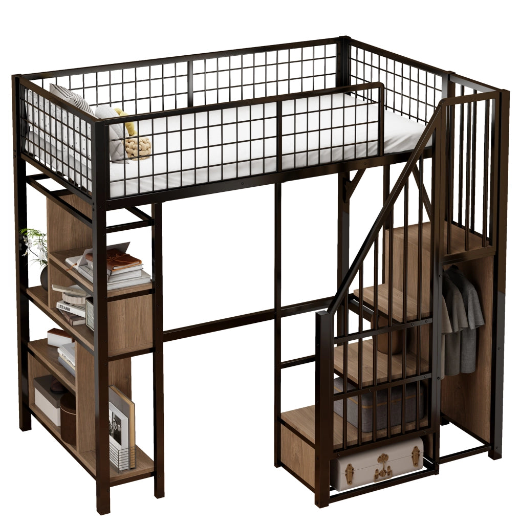 Letto a soppalco 90 x 200 cm con scala contenitore e ripiani nero