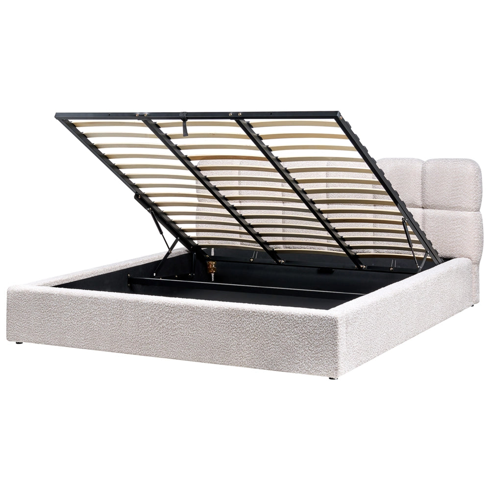 Letto King Size EU in tessuto bouclé beige chiaro 180 x 200 cm Struttura imbottita con testiera effetto biscotto e vano contenitore