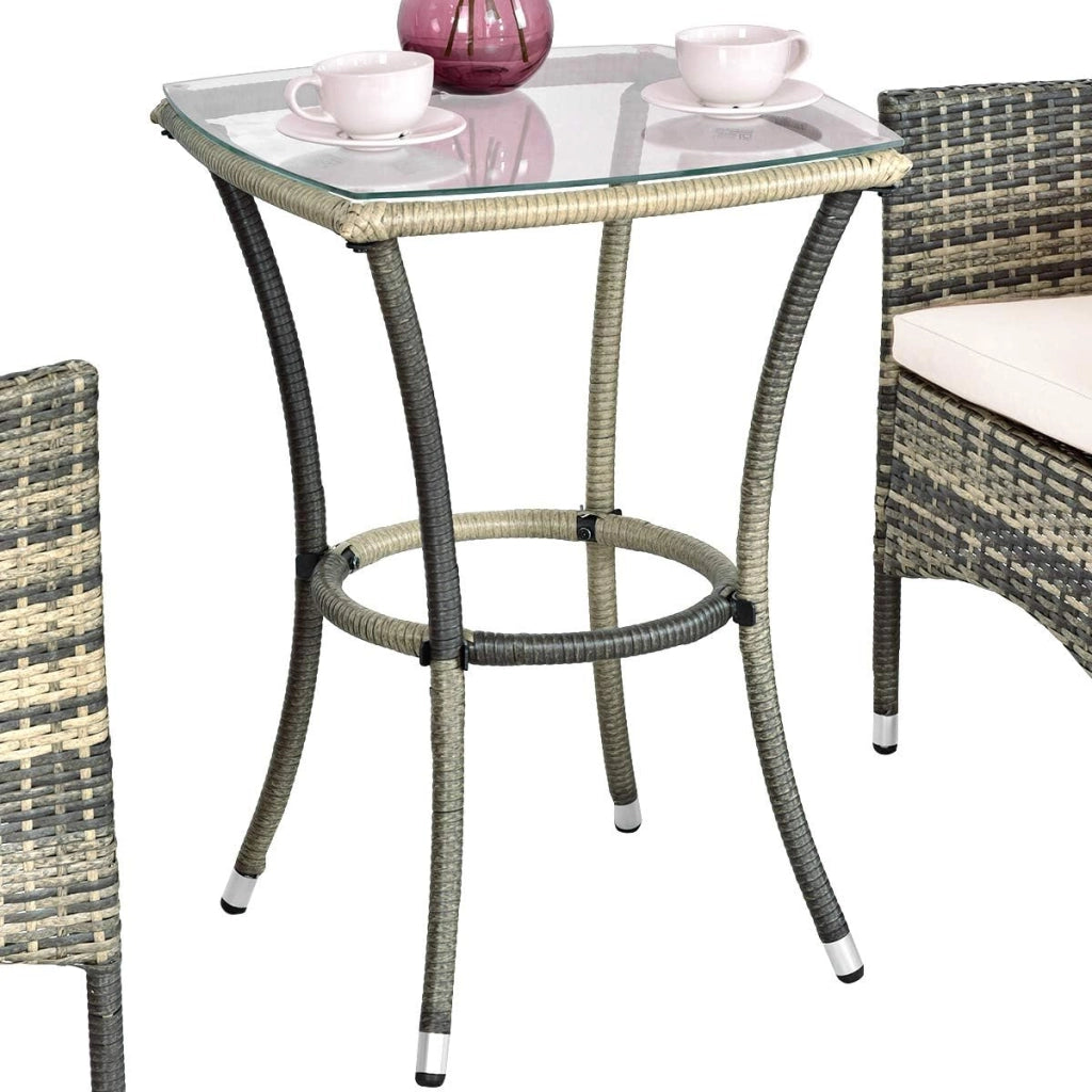 3 Pezzi Set Mobili da Giardino, Set da Esterno con Cuscini 2 Sedie e 1 Tavolino con Piano in Vetro, in Rattan PE, Ideale per Balcone Terrazza Giadino, Grigio