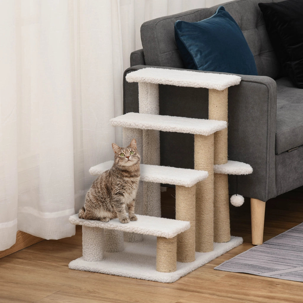 Tiragraffi per gatti a 4 livelli con scala per animali e pallina gioco in compensato e juta bianco 60 × 40 × 64 cm