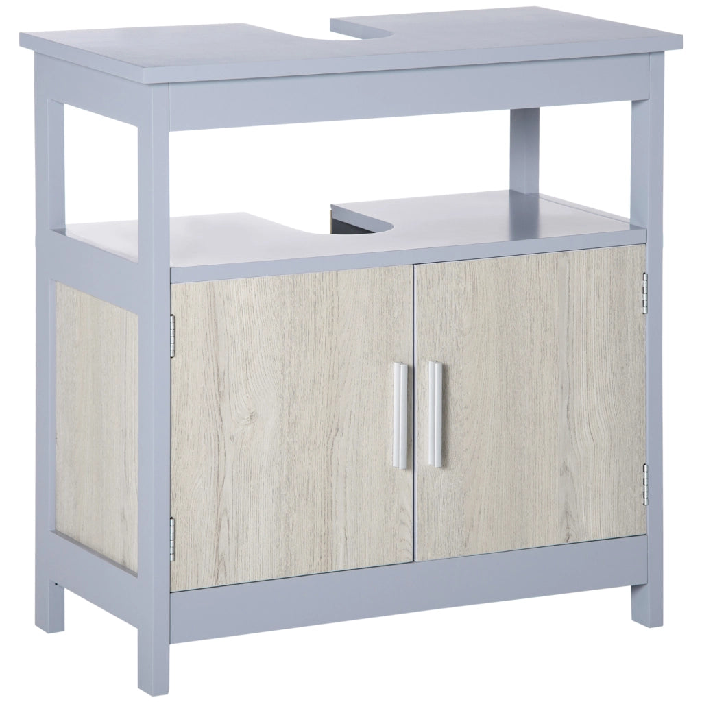 Easycomfort Mobile Sottolavabo Bagno con Armadietto e Ripiano Aperto, 60x30x62cm, Grigio e Legno Naturale
