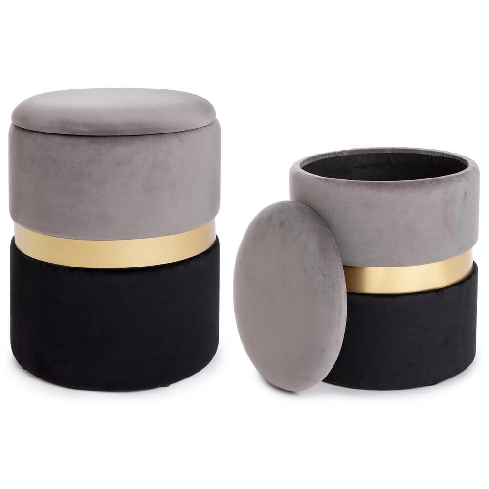 Set da 2 Pouf Rotondi in Velluto con Contenitore - POLLY