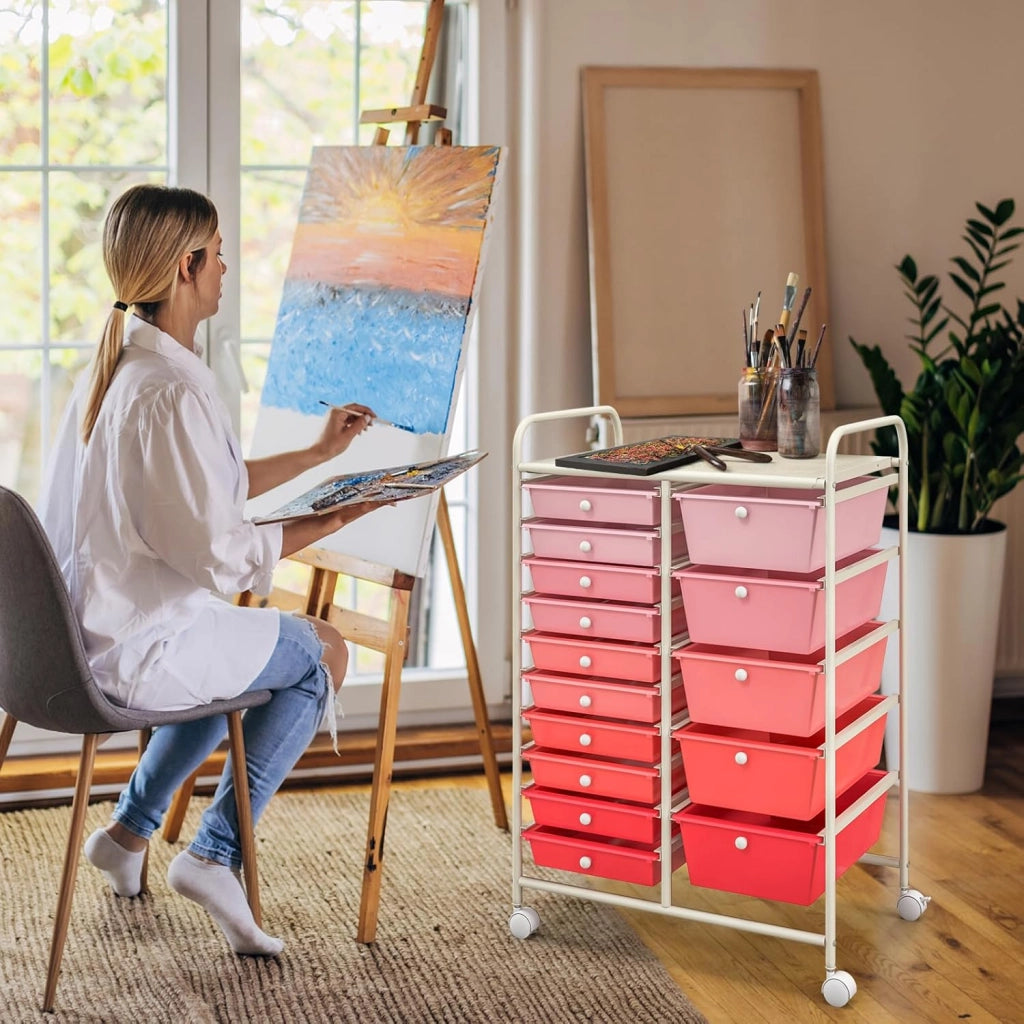 Carrello con 15 Cassetti, Impilabile, con Ruote Bloccabili per Cucina, Bagno, Ufficio - 63 x 37 x 87 cm (Rosa)