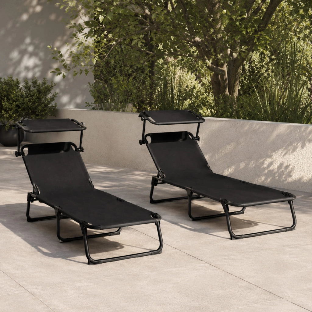 Set 2 Lettini Mare Pieghevoli Struttura In Acciaio Traspirante Con Schienale Reclinabile E Tettuccio Parasole Regolabile Ideali Per Spiaggia Giardino Campeggio Relax Estivo 24 X 187 X 53 Cm Nero