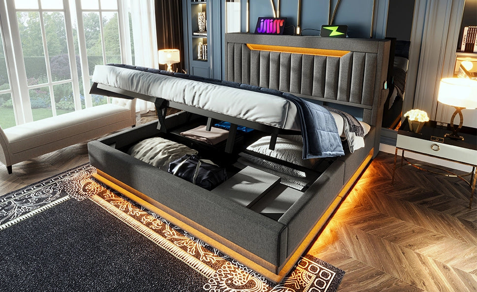 Letto 140x200 cm in lino grigio con LED， USB-C e contenitore