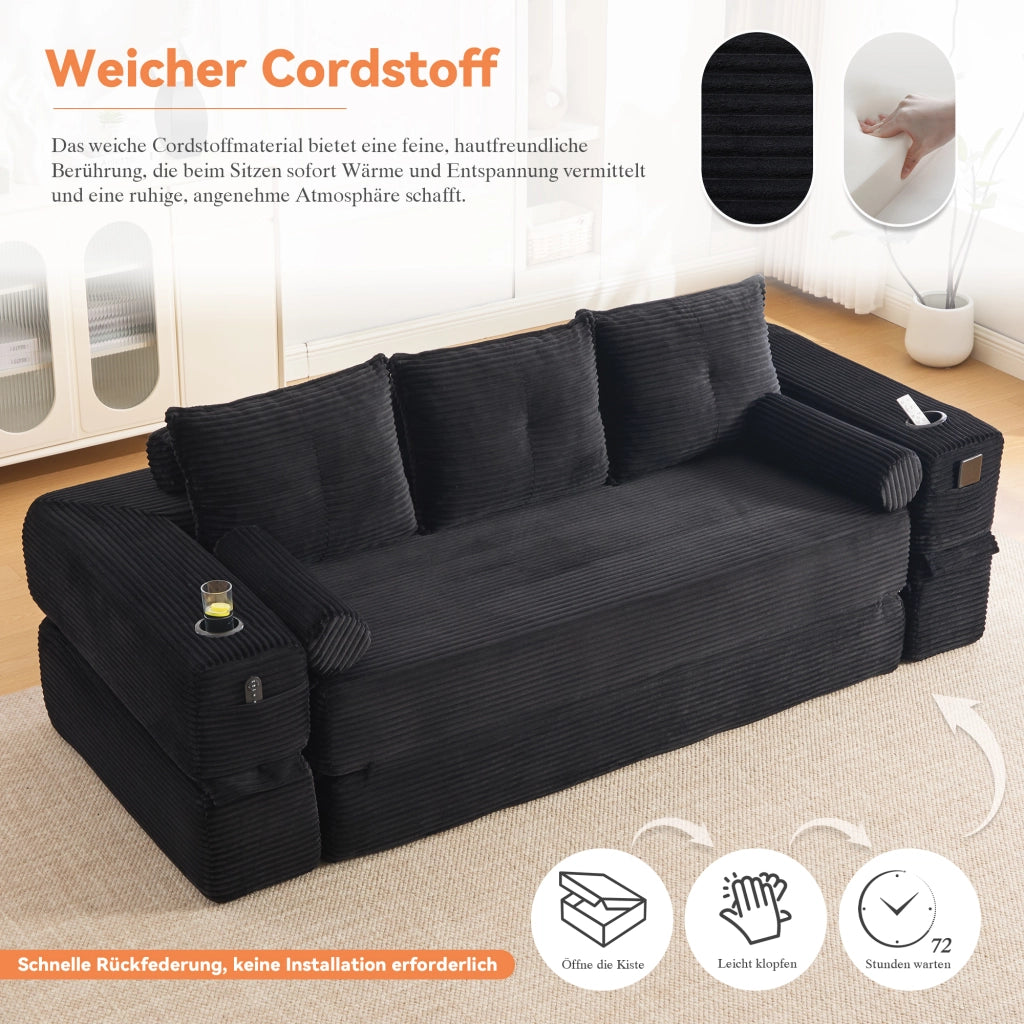 Divano letto modulare in velluto a coste con cuscini memory, tasche laterali e portabevande, nero 232 × 98 × 80 cm