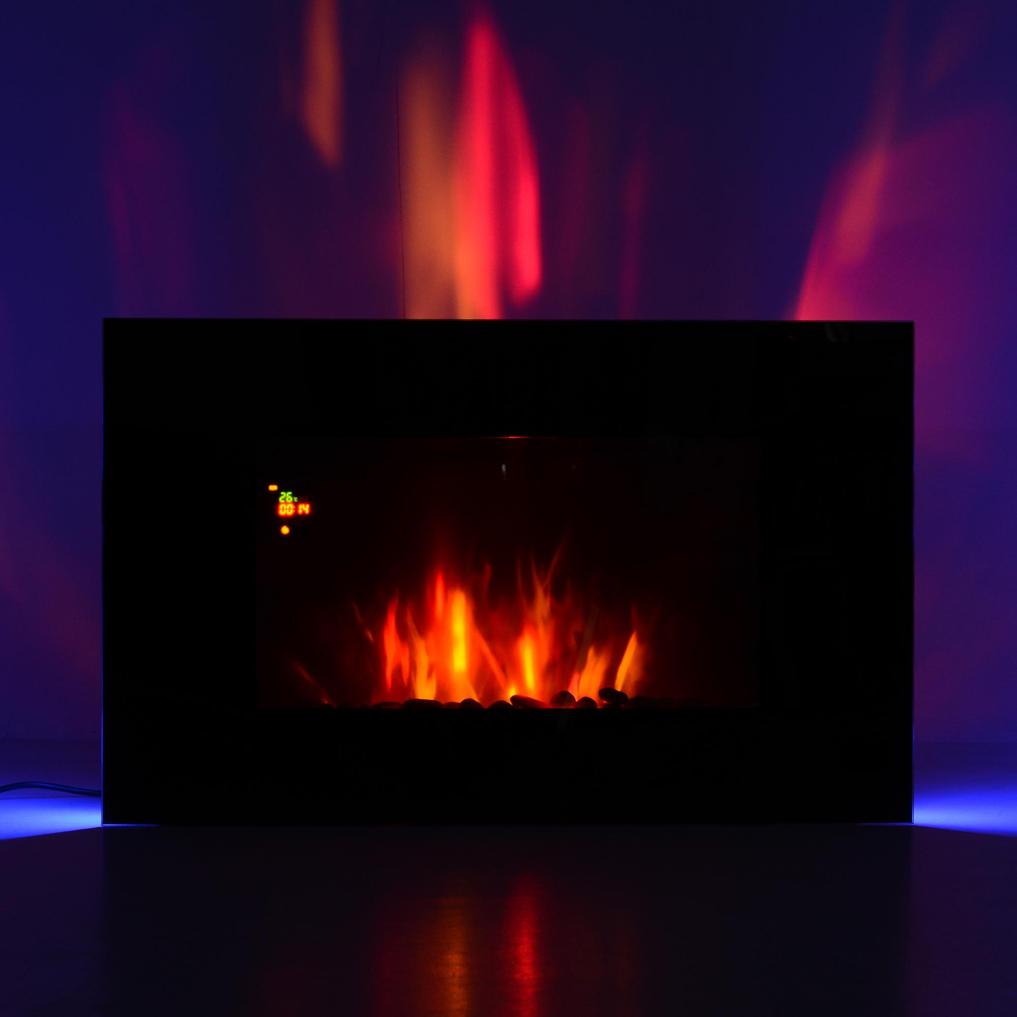 Camino Elettrico da Parete 90x56x9.5 cm 2000W Fiamma LED 7 Colori Nero