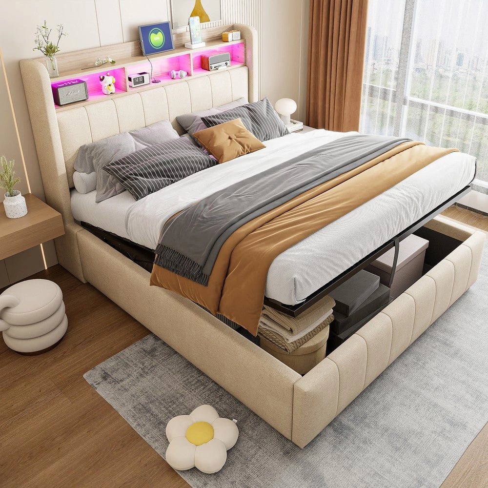 Letto Imbottito Contenitore con LED e USB ¨C MINIMAL ¨C Tessuto Beige 140x200