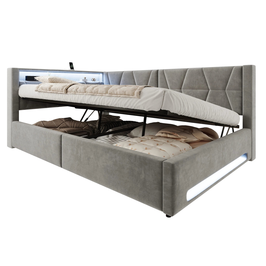 Letto imbottito con contenitore 140 x 200 cm in velluto grigio scuro; LED; USB e Type-C