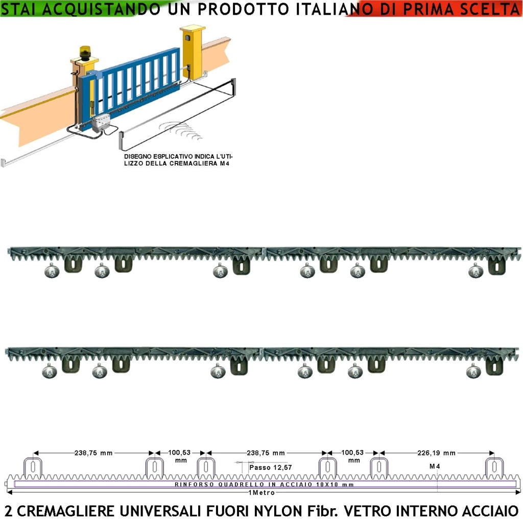 Cremagliera Universale M4 Antiusura 2 Pezzi da 1 Metro in Nylon Fibra Vetro Interno Acciaio Portata 6 Q.li Max 10 Q.li 6 Viti Autofilettanti Per Metro Ricambio Cancello Scorrevole Giunture a Incastro