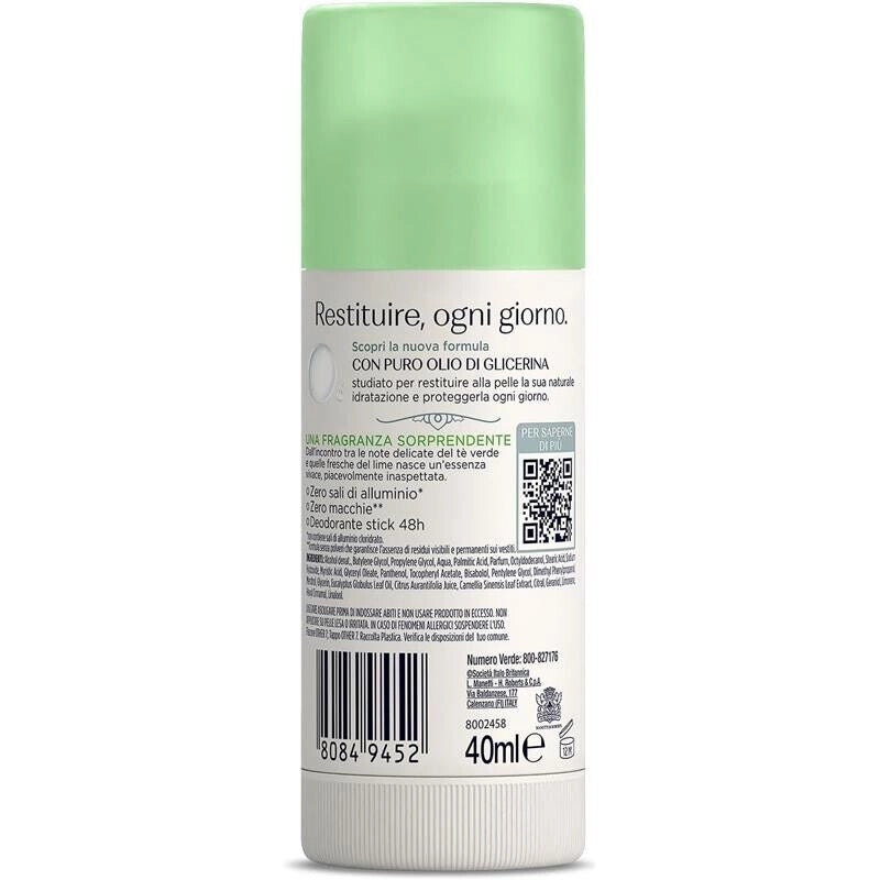 NEUTRO ROBERTS DEODORANTE STICK FRESCO VERDE TÉ VERDE E LIME ZERO SALI DI ALLUMINIO ZERO MACCHIE 40 ML 48H