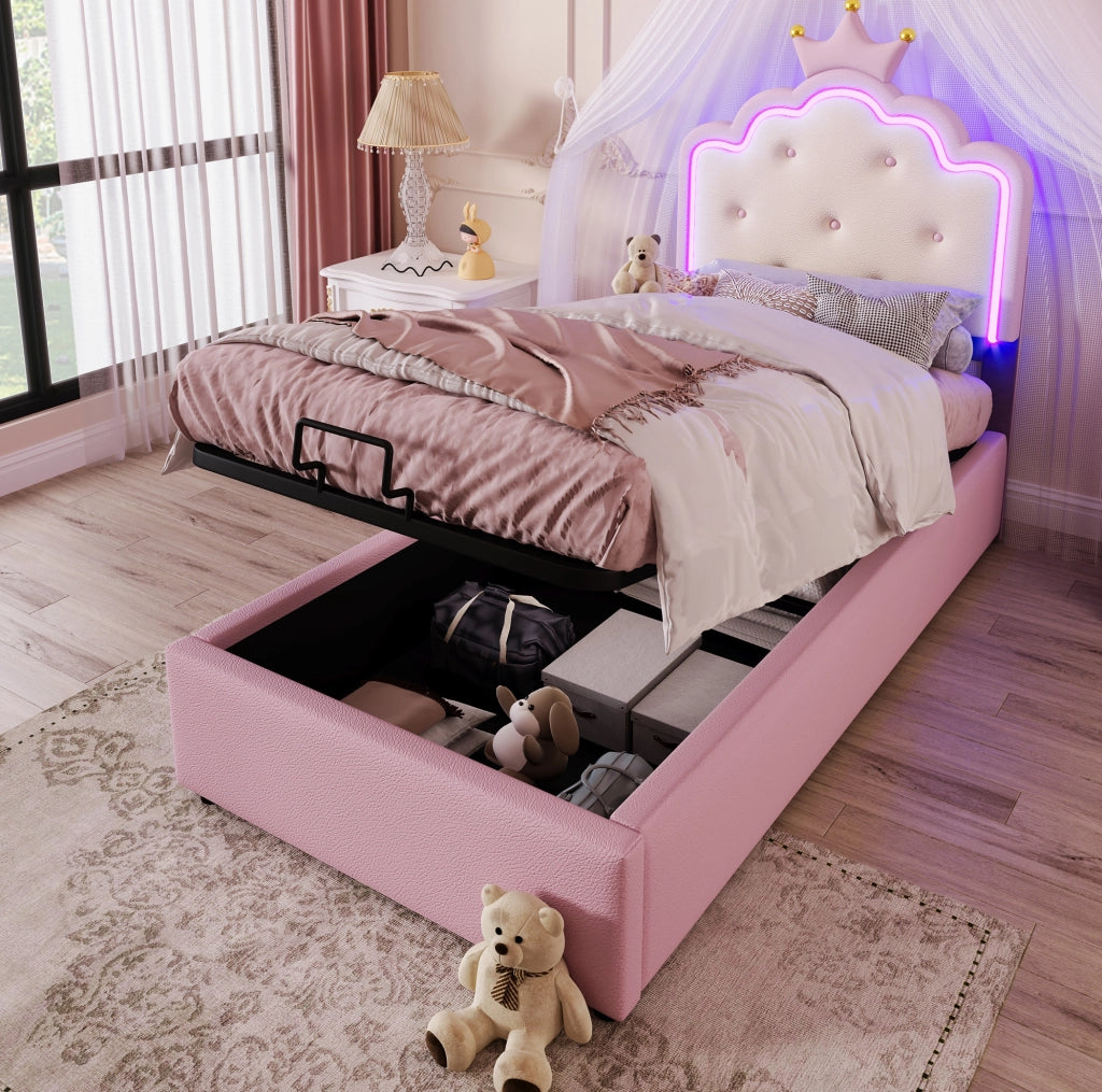 Letto imbottito 90x200 cm; luci LED ambientali e contenitore idraulico; PU; rosa (Senza materasso)