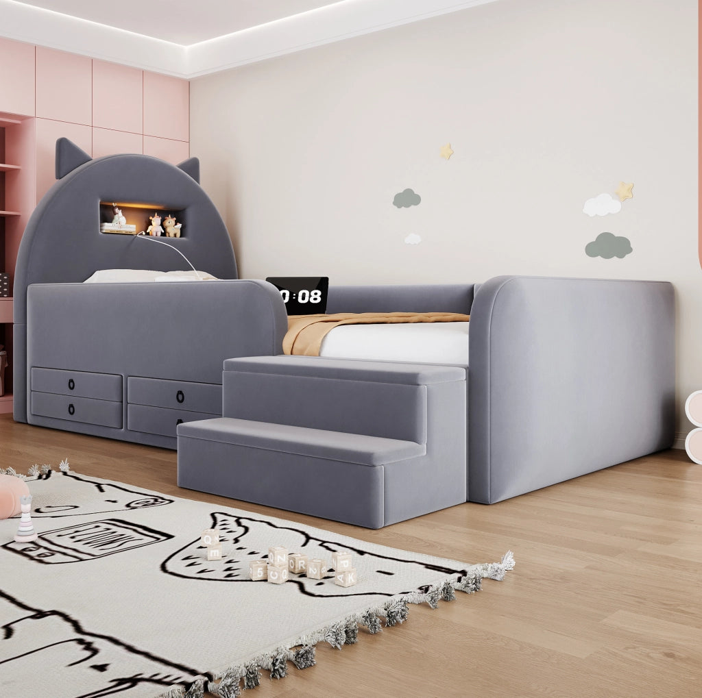 Letto per bambini imbottito 90x200 cm con contenitore, luce notturna USB e cassetti