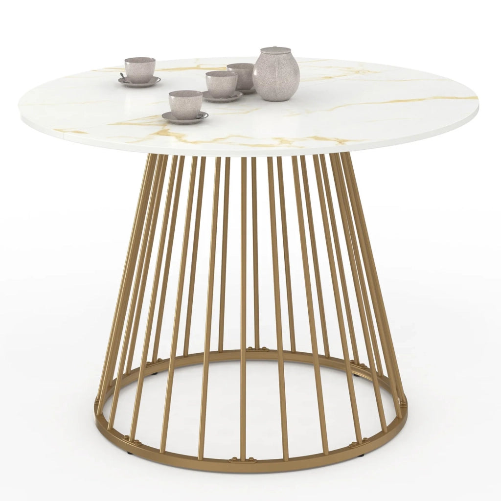 IDMarket - Tavolo da pranzo rotondo YUNA per 6 persone con base in filo d'ottone e piano ALASKA 110 cm effetto marmo bianco