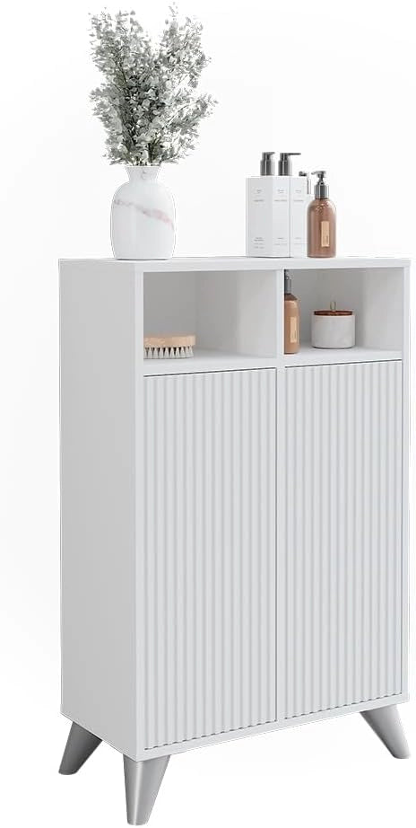 Mobiletto midi Leano, Bianco, 60 x 97 cm con 2 porte, adatto per la conservazione di articoli da bagno e asciugamani