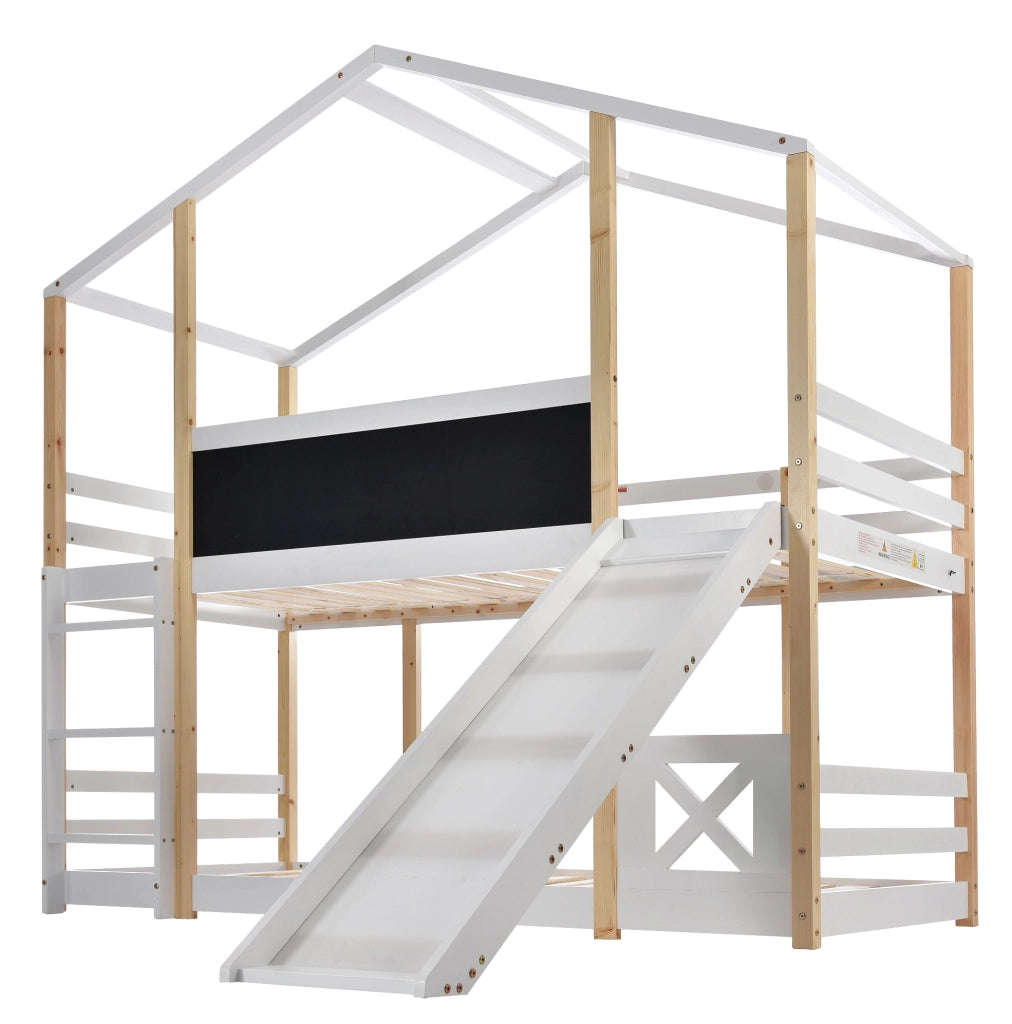 Letto a soppalco per bambini con scala e scivolo 90x200 cm in legno massello bianco