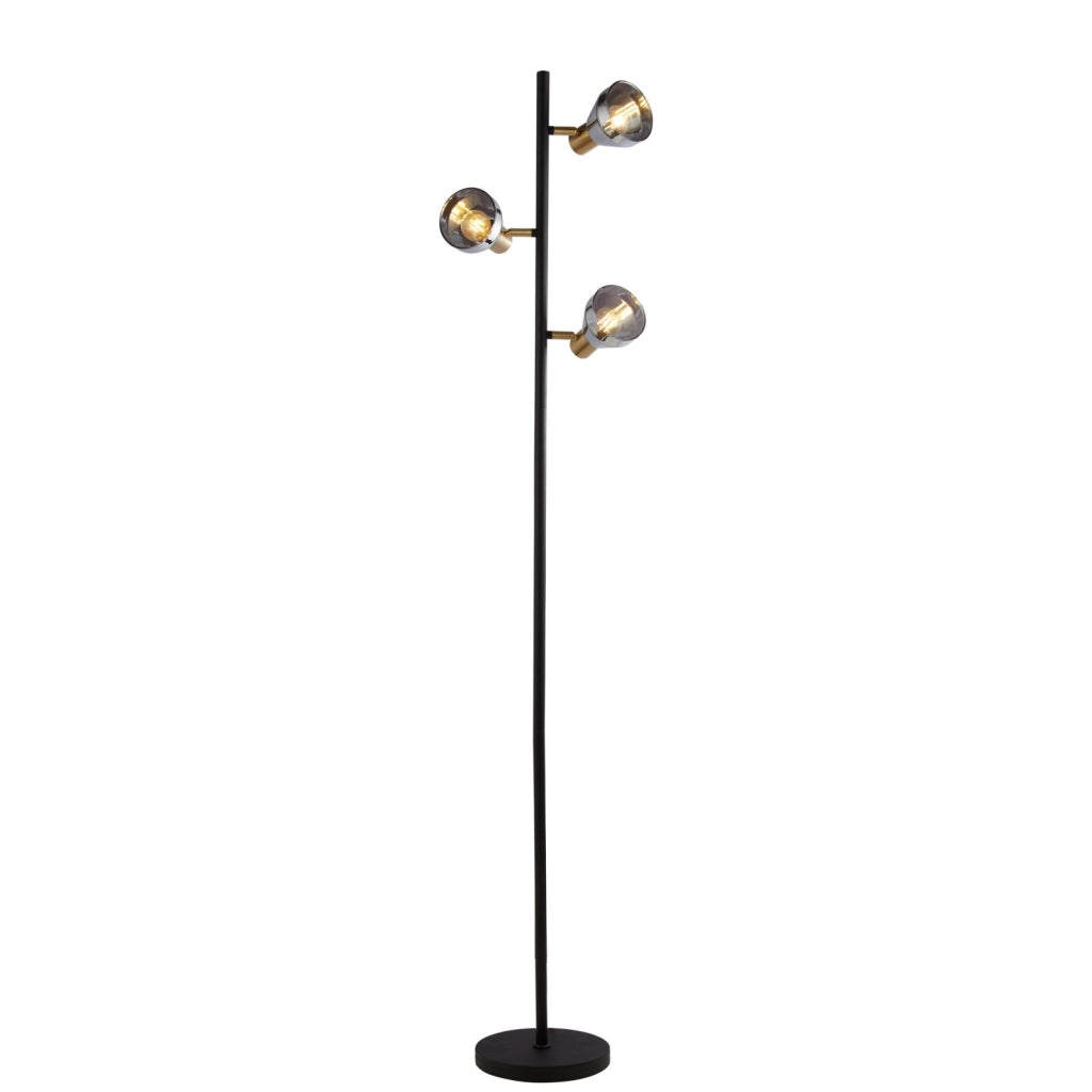 Lampada da terra Westminster 3Lt - Nero, ottone satinato e vetro fumé