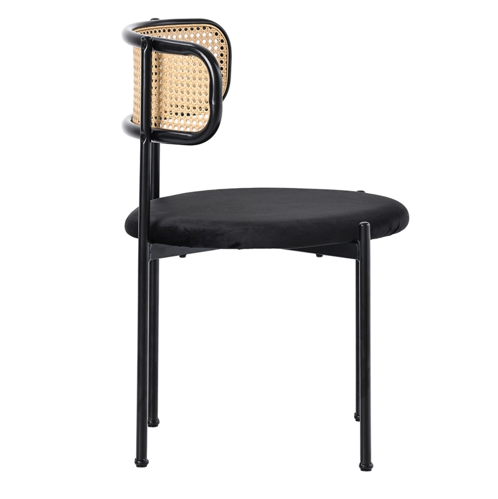 Set di 4 sedie da pranzo in velluto nero con schienale in rattan e gambe in metallo