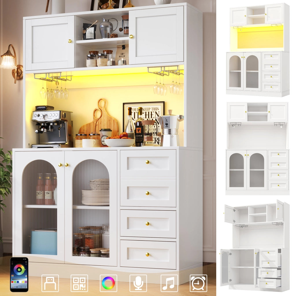 BUFFET 120x40x188 cm in MDF Bianco con LED e maniglie dorate