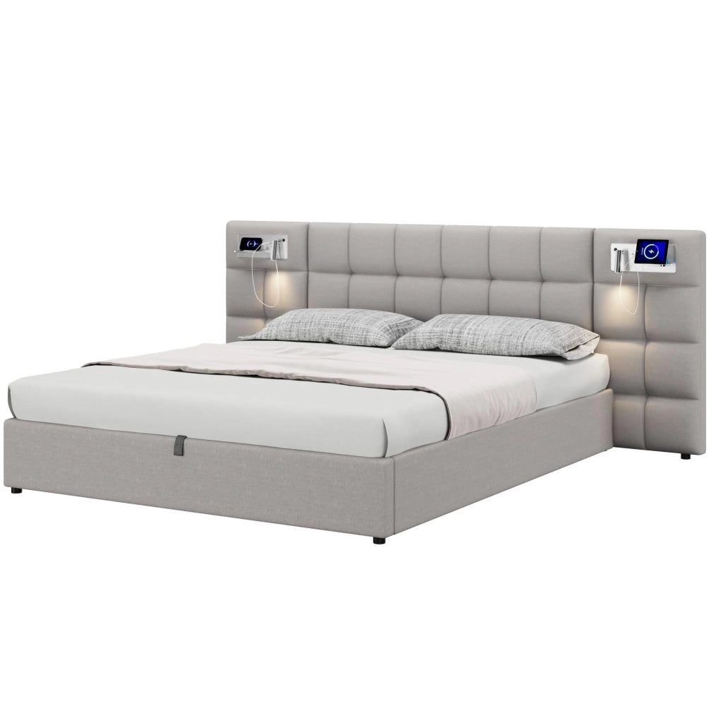 Letto matrimoniale imbottito 180x200 cm con sollevamento idraulico; USB; ricarica wireless e luce; grigio