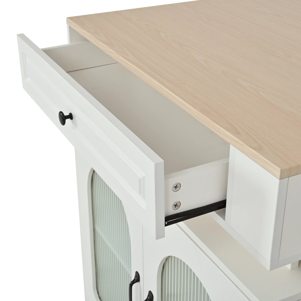 Tavolo allungabile con cassetto, vani aperti e led, per cucina e sala da pranzo, in MDF e vetro, bianco