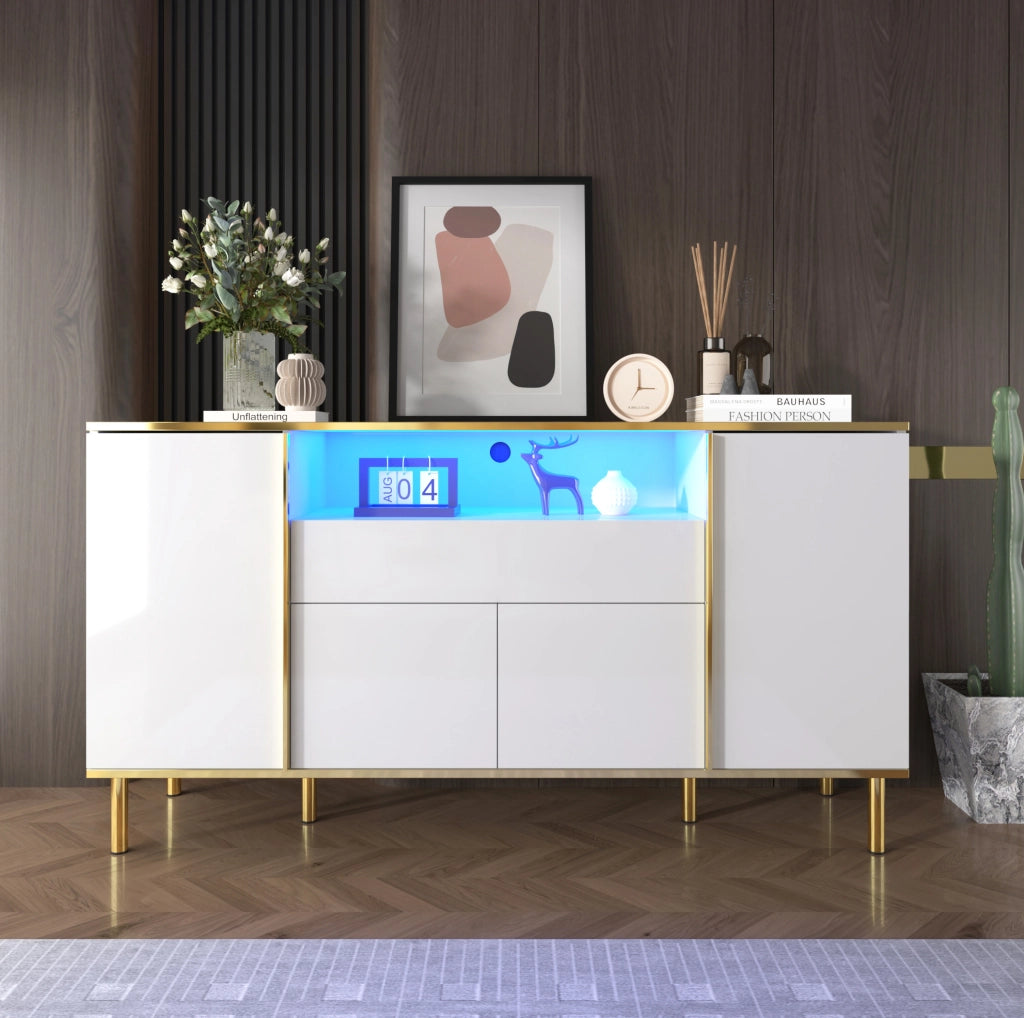 Credenza 150x40x80 cm con LED; 4 ante e 1 cassetto; MDF e pannello truciolare bianco lucido