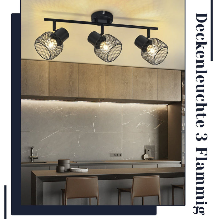 ZMH Lampada da soffitto 3 faretti orientabili E27 metallo nero stile retrò 25W per soggiorno corridoio cucina cameretta